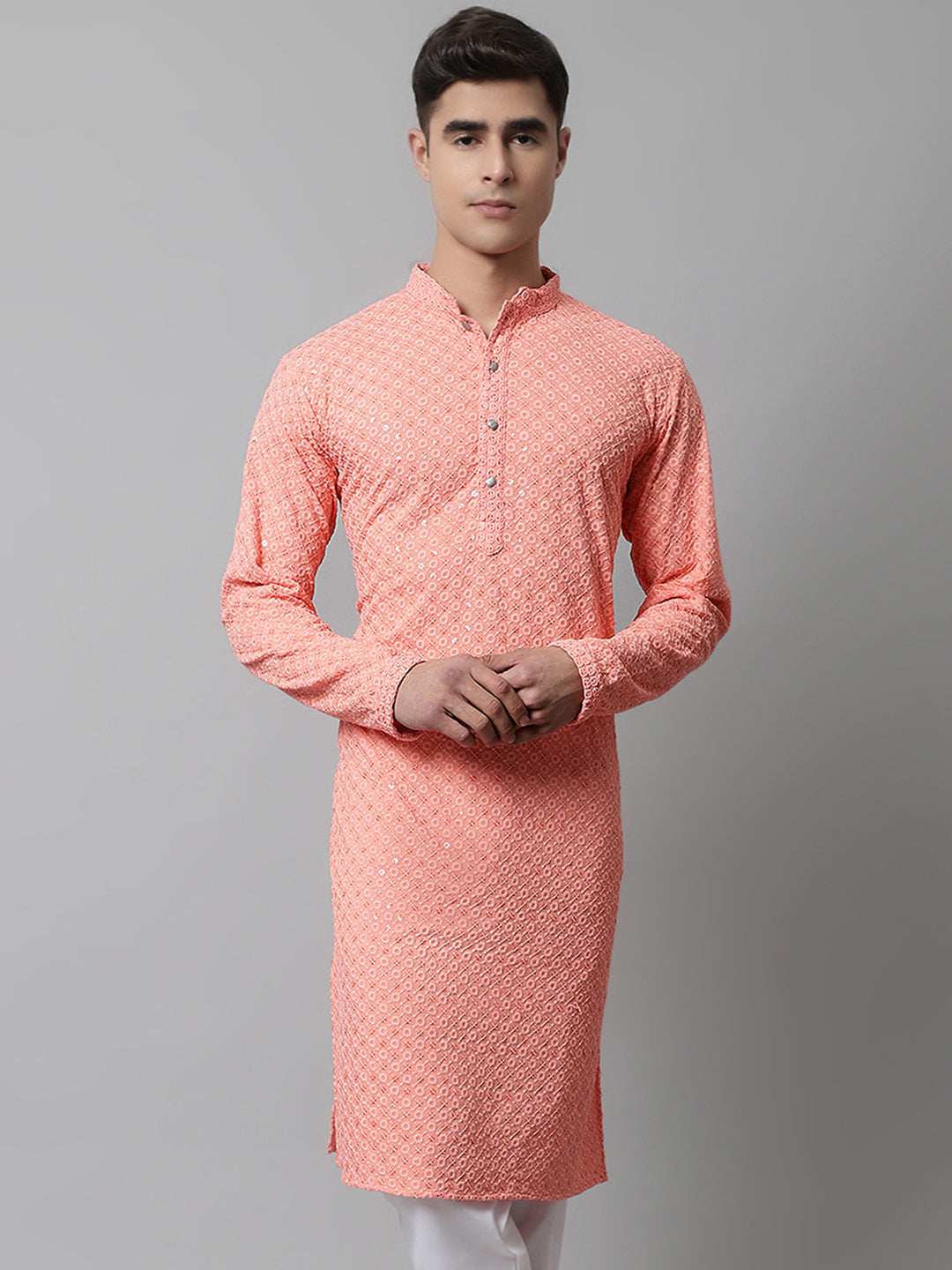 Jompers Men's Peach Chikankari Embroidered and Sequence Kurta - Distacart