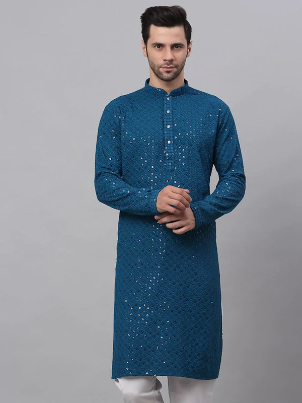 Jompers Men's Blue Chikankari Embroidered and Sequence Kurta Only - Distacart