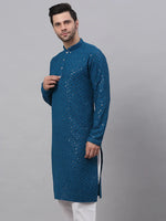 Thumbnail for Jompers Men's Blue Chikankari Embroidered and Sequence Kurta Only - Distacart