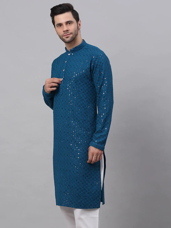Jompers Men's Blue Chikankari Embroidered and Sequence Kurta Only - Distacart