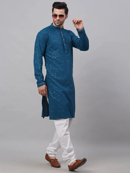 Jompers Men's Blue Chikankari Embroidered and Sequence Kurta Only - Distacart