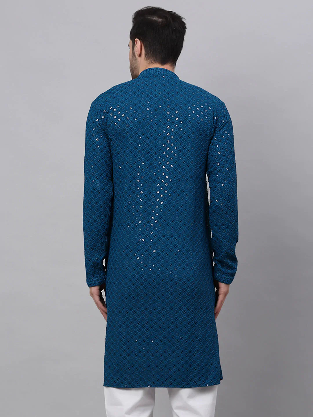 Jompers Men's Blue Chikankari Embroidered and Sequence Kurta Only - Distacart