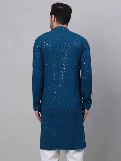 Jompers Men's Blue Chikankari Embroidered and Sequence Kurta Only - Distacart