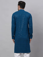 Thumbnail for Jompers Men's Blue Chikankari Embroidered and Sequence Kurta Only - Distacart