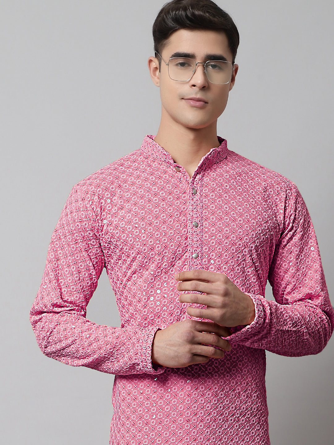 Jompers Men's Pink Chikankari Embroidered and Sequence Kurta - Distacart