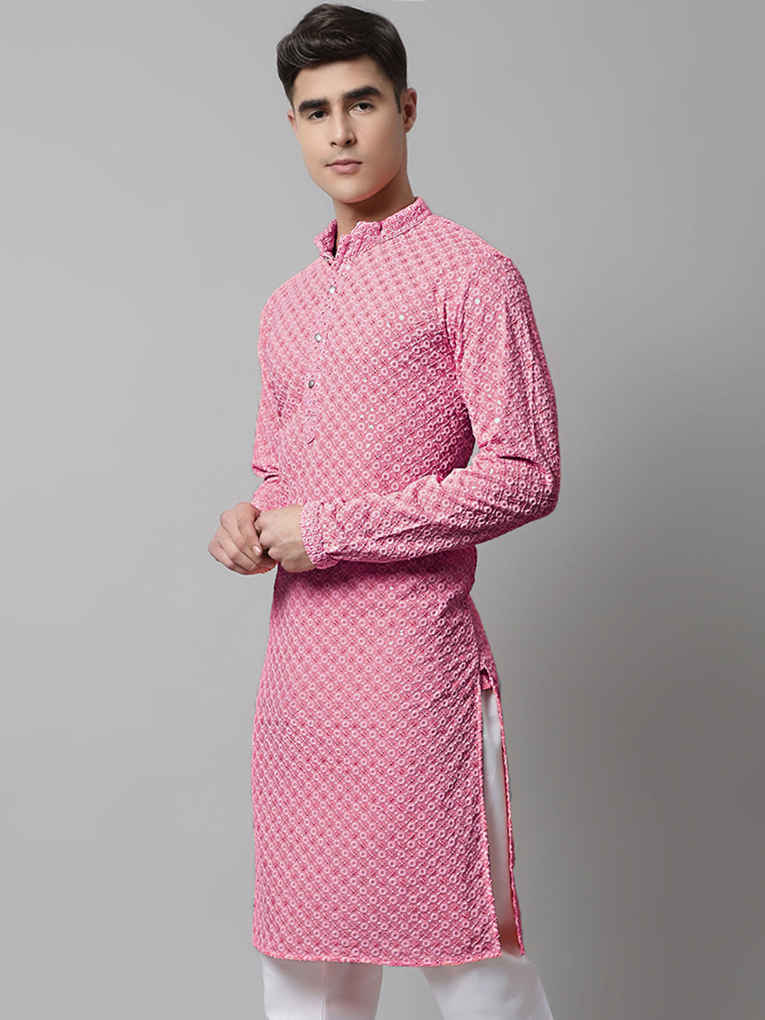 Jompers Men's Pink Chikankari Embroidered and Sequence Kurta - Distacart