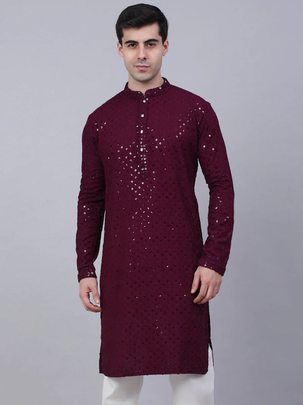 Jompers Men's Purple Chikankari Embroidered and Sequence Kurta Only - Distacart