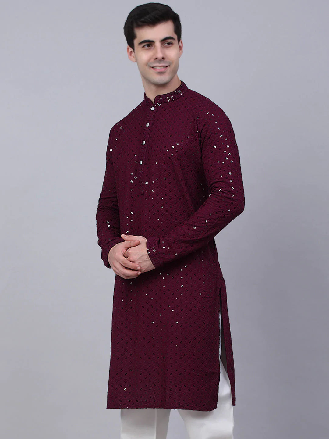 Jompers Men's Purple Chikankari Embroidered and Sequence Kurta Only - Distacart