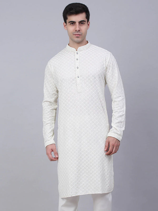 Jompers Men's White Chikankari Embroidered and Sequence Kurta Only - Distacart