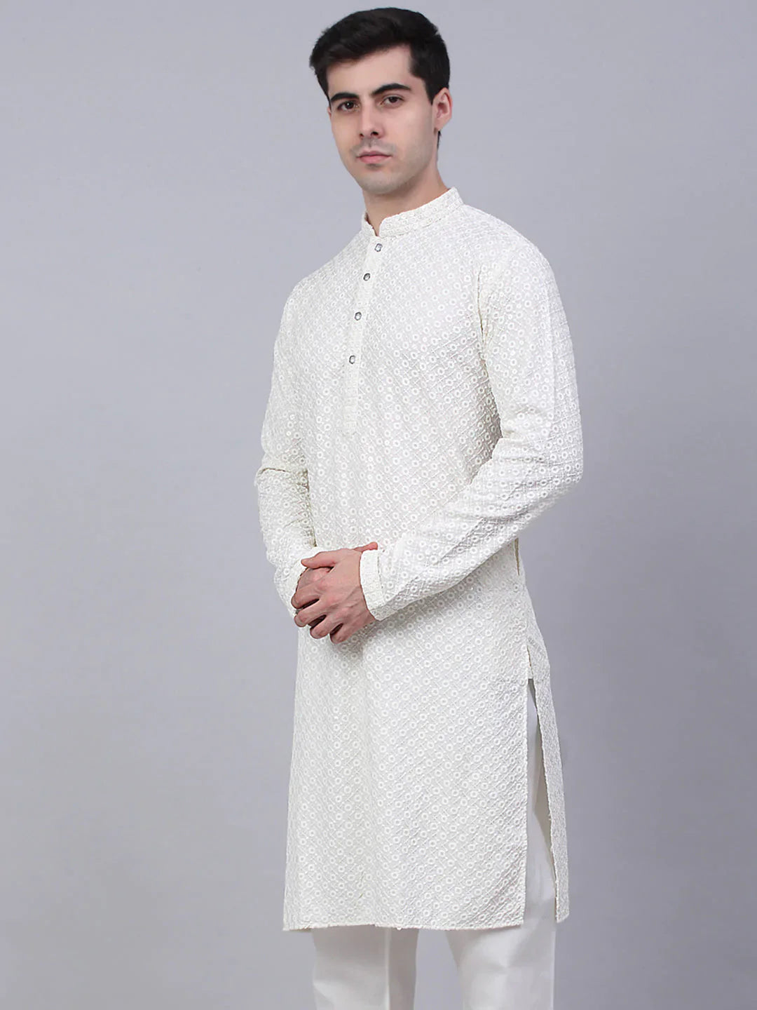 Jompers Men's White Chikankari Embroidered and Sequence Kurta Only - Distacart