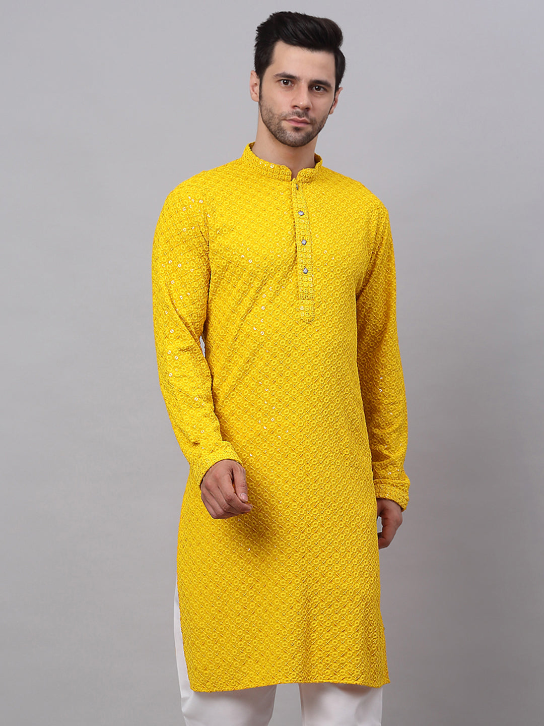 Jompers Men's Yellow Chikankari Embroidered and Sequence Kurta - Distacart