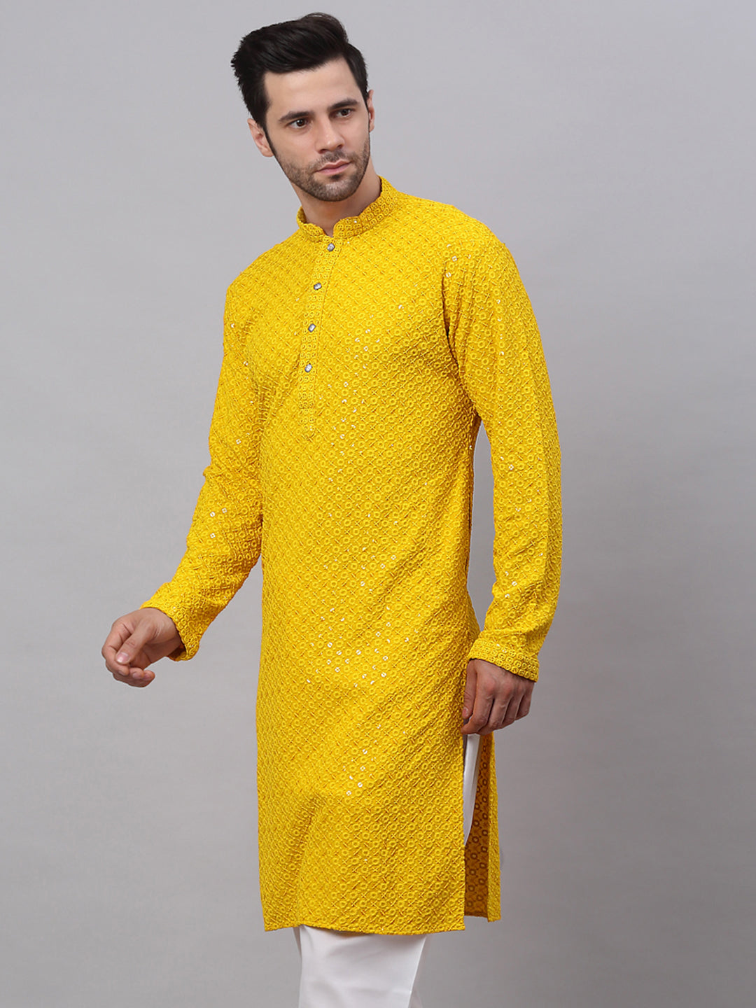 Jompers Men's Yellow Chikankari Embroidered and Sequence Kurta - Distacart