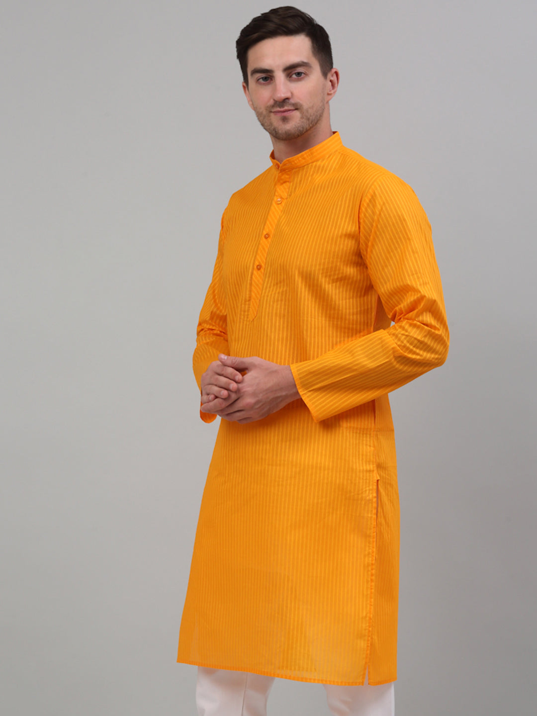 Jompers Men's Mustard Cotton Striped Kurta Only - Distacart