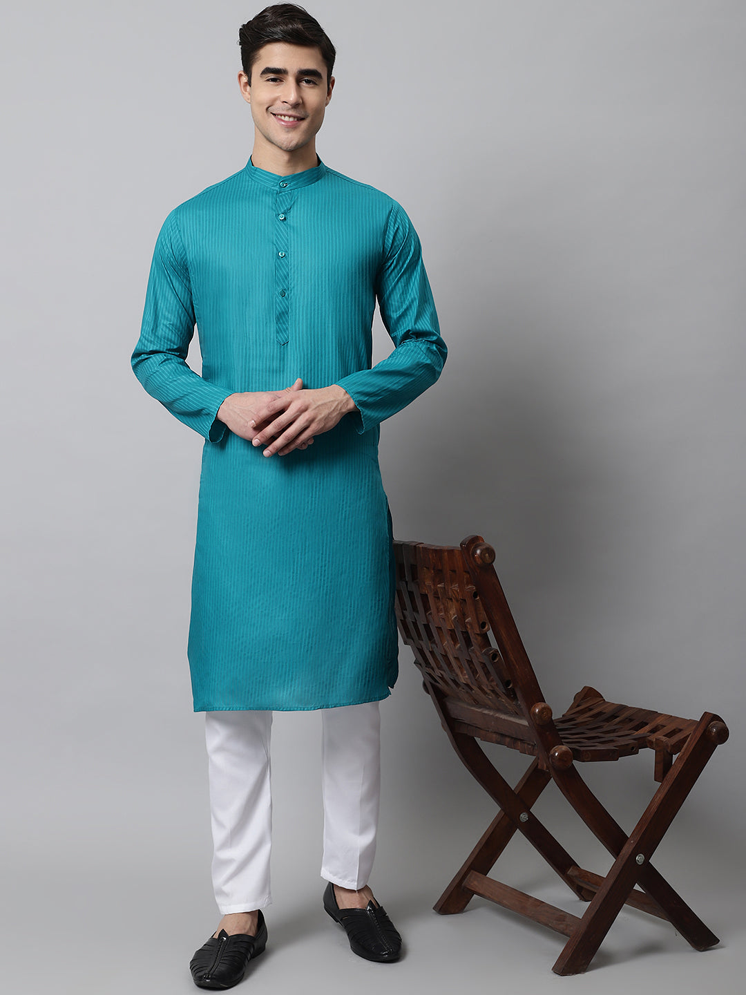 Jompers Men's Teal Blue Cotton Striped Kurta - Distacart