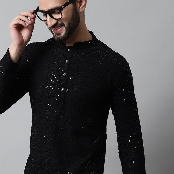 Jompers Men's Black Embroidered Sequinned Kurta - Distacart