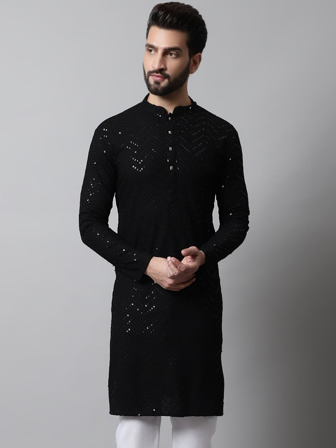 Jompers Men's Black Embroidered Sequinned Kurta - Distacart