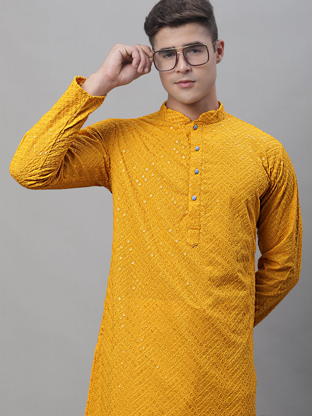 Jompers Men's Mustard Embroidered Sequinned Kurta - Distacart