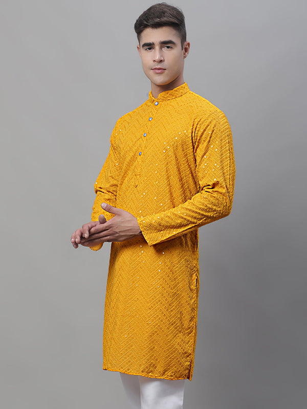 Jompers Men's Mustard Embroidered Sequinned Kurta - Distacart