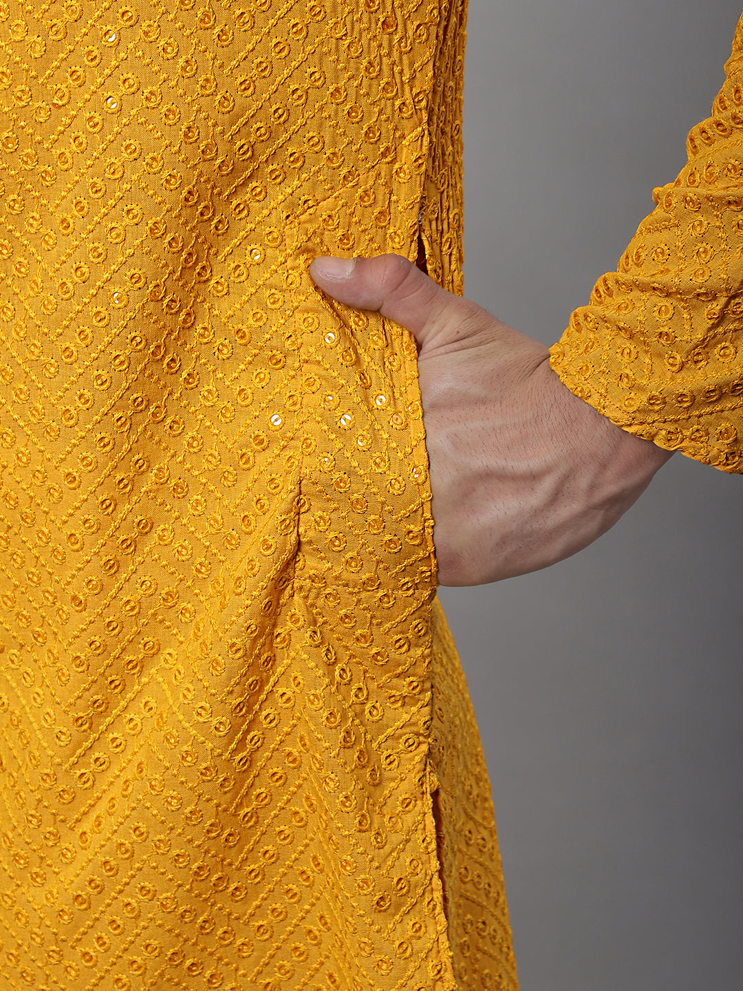 Jompers Men's Mustard Embroidered Sequinned Kurta - Distacart