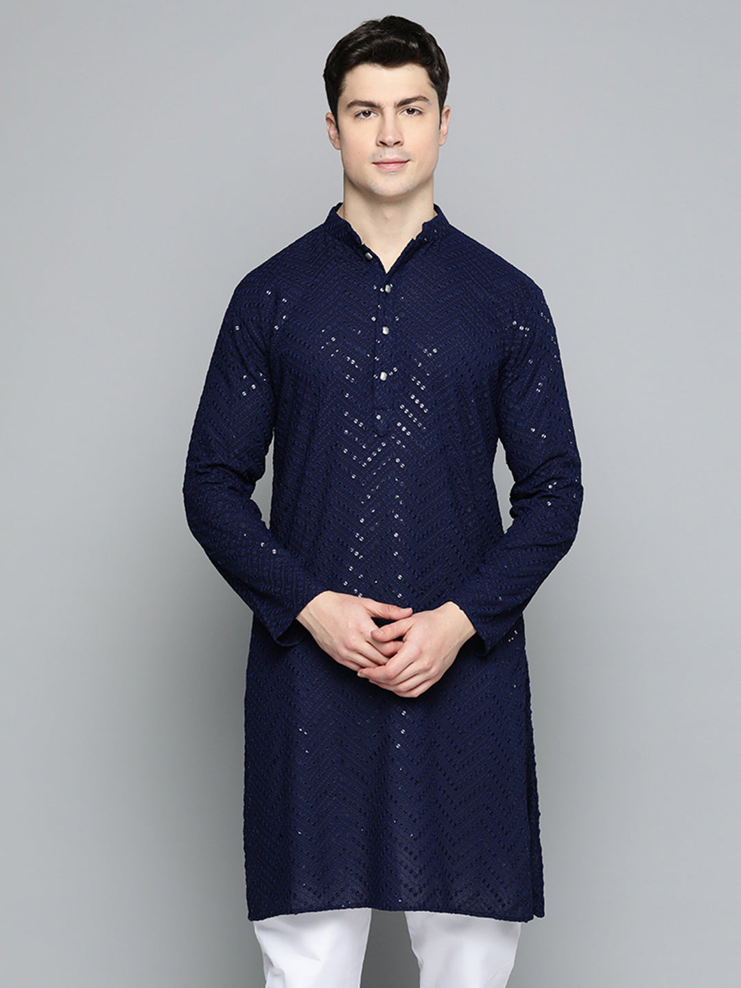 Jompers Men's Navy Blue Embroidered Sequinned Kurta with Churidar - Distacart