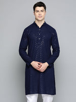 Thumbnail for Jompers Men's Navy Blue Embroidered Sequinned Kurta - Distacart