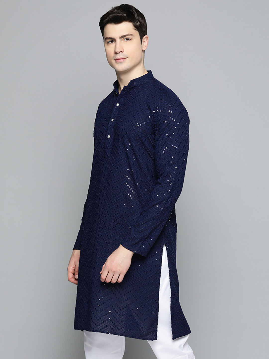 Jompers Men's Navy Blue Embroidered Sequinned Kurta with Churidar - Distacart