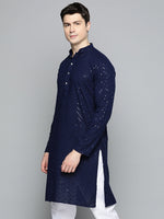 Thumbnail for Jompers Men's Navy Blue Embroidered Sequinned Kurta - Distacart