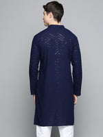 Thumbnail for Jompers Men's Navy Blue Embroidered Sequinned Kurta - Distacart