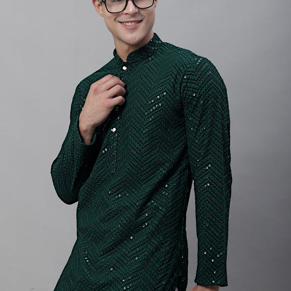 Jompers Men's Olive Green Embroidered Sequinned Kurta - Distacart