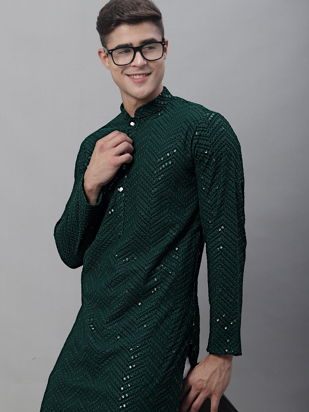 Jompers Men's Olive Green Embroidered Sequinned Kurta - Distacart