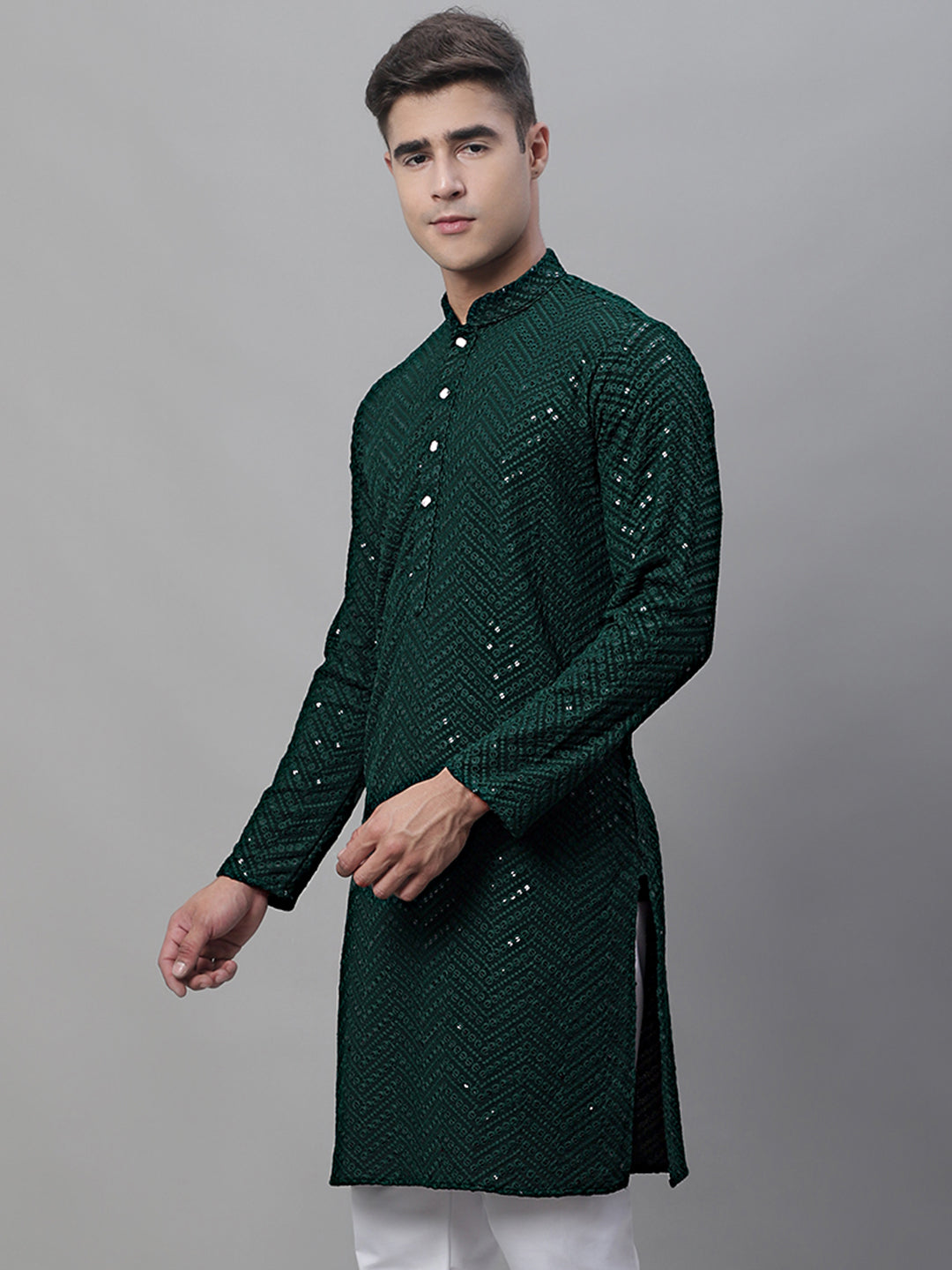 Jompers Men's Olive Green Embroidered Sequinned Kurta - Distacart