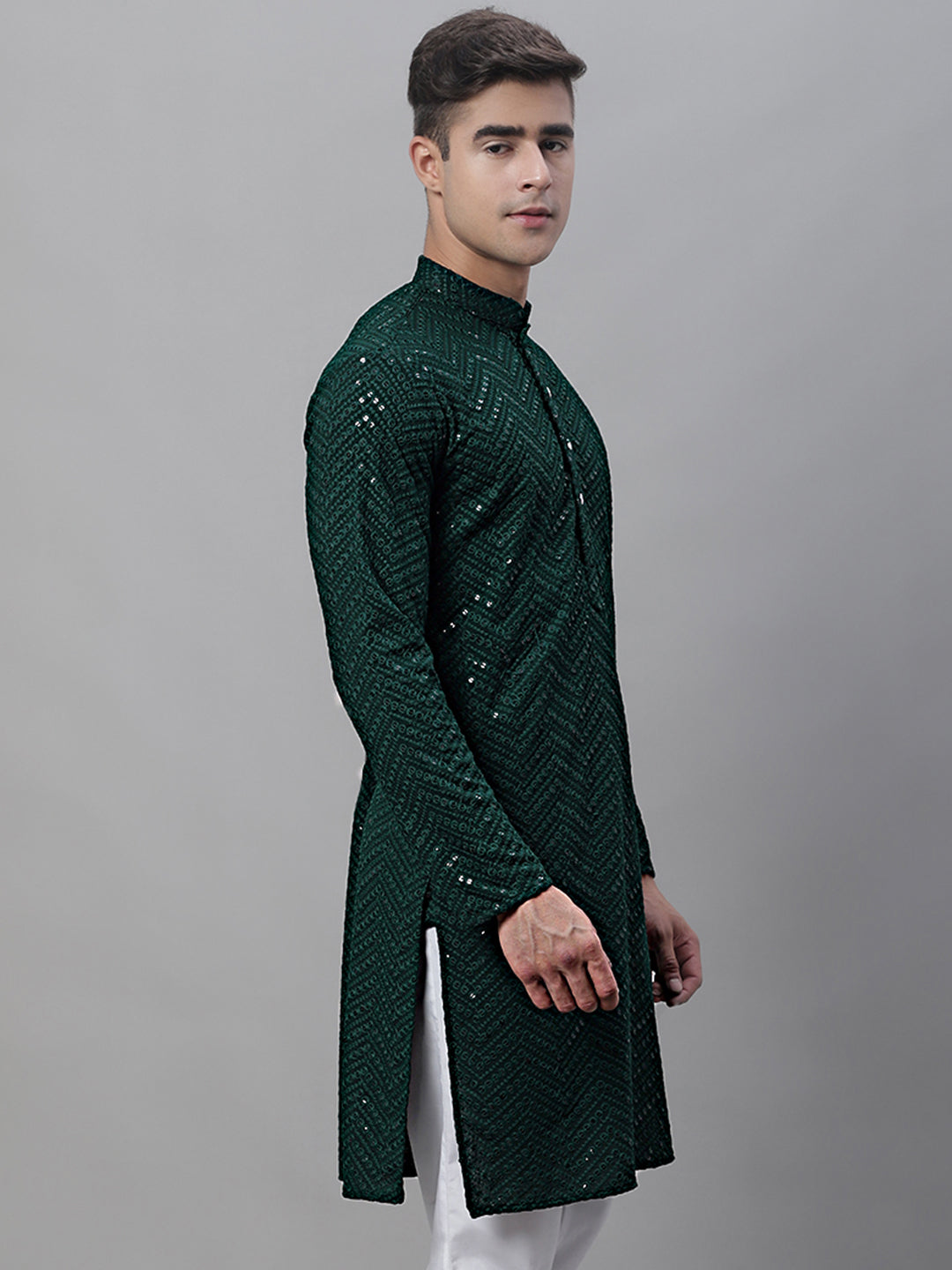 Jompers Men's Olive Green Embroidered Sequinned Kurta - Distacart