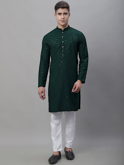 Jompers Men's Olive Green Embroidered Sequinned Kurta - Distacart