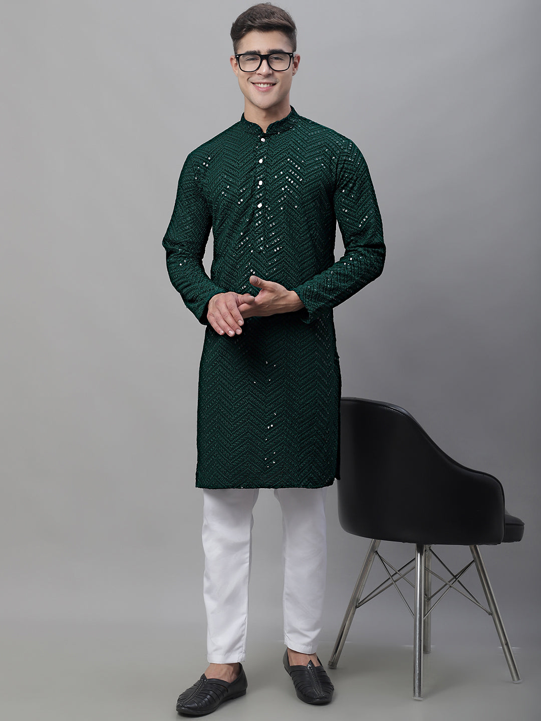 Jompers Men's Olive Green Embroidered Sequinned Kurta - Distacart