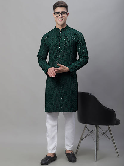 Jompers Men's Olive Green Embroidered Sequinned Kurta - Distacart