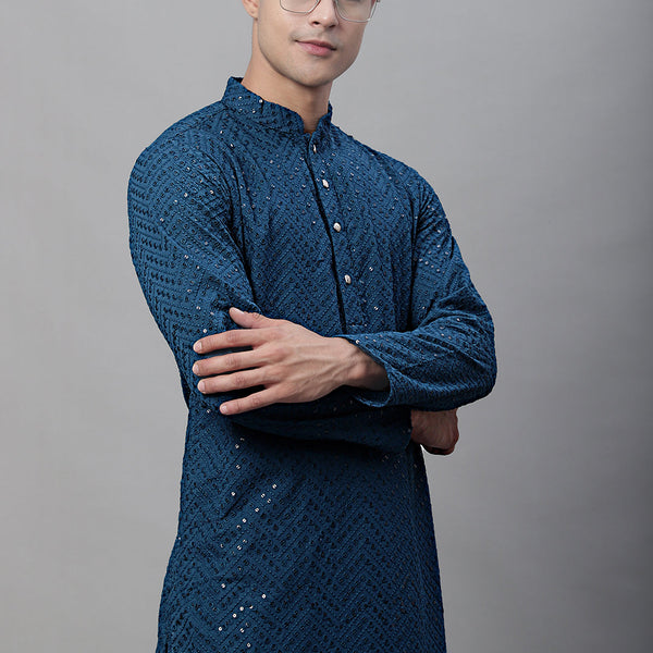 Jompers Men's Peacock Blue Embroidered Sequinned Kurta - Distacart