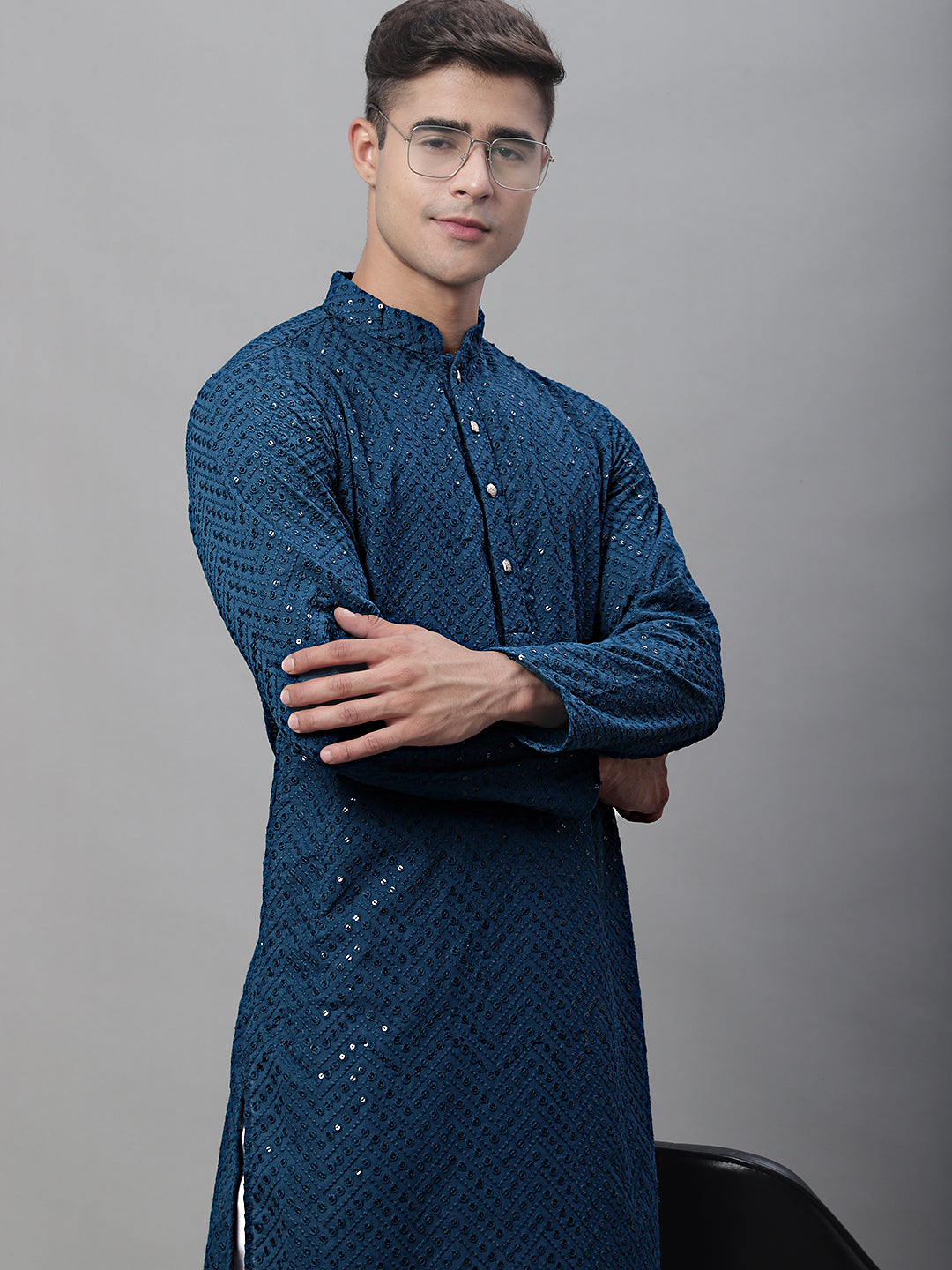 Jompers Men's Peacock Blue Embroidered Sequinned Kurta - Distacart