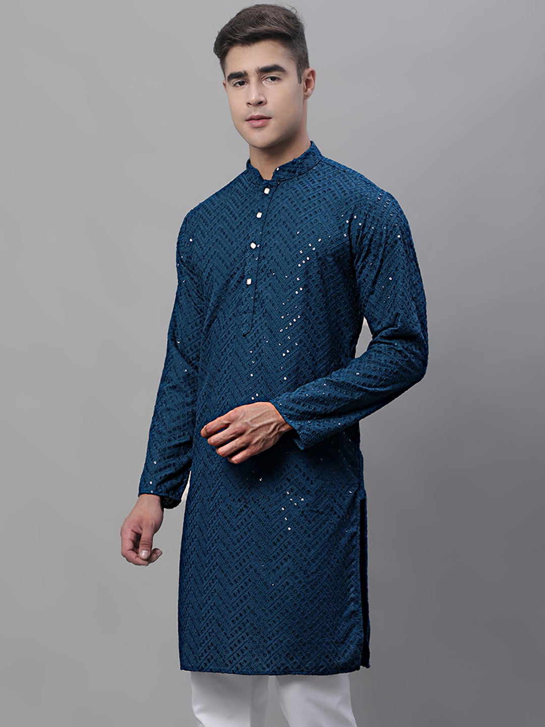 Jompers Men's Peacock Blue Embroidered Sequinned Kurta - Distacart