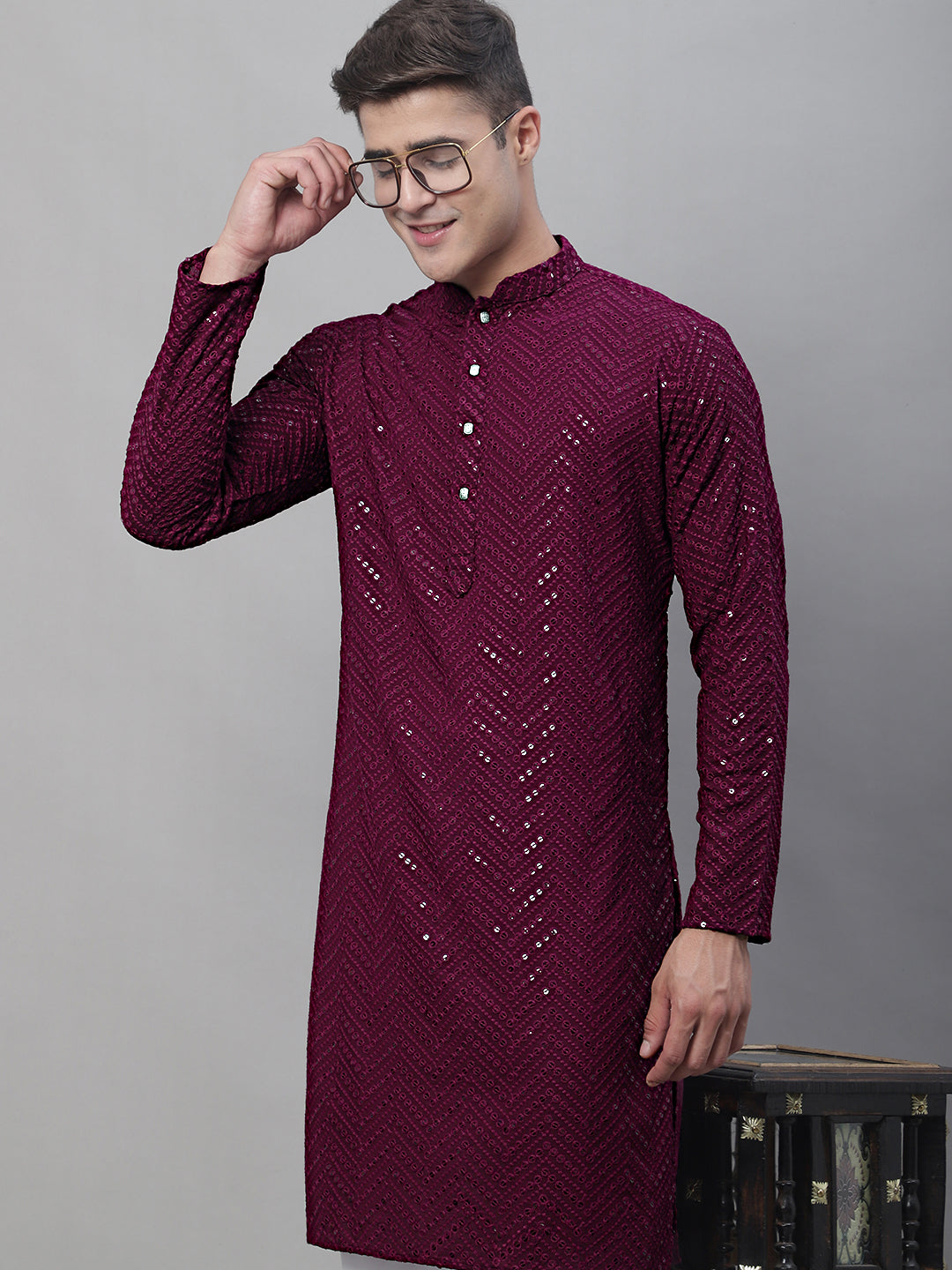 Jompers Men's Purple Embroidered Sequinned Kurta - Distacart