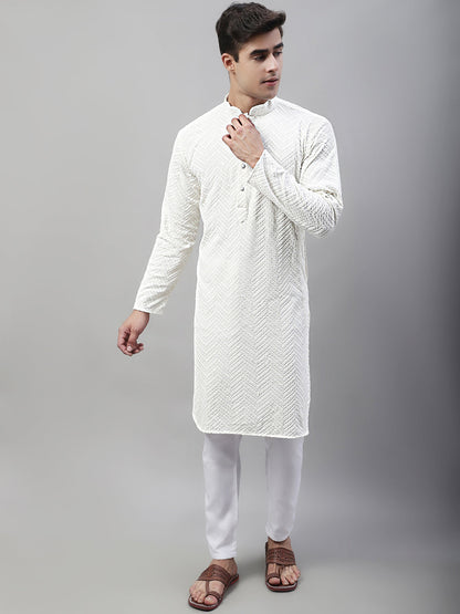 Jompers Men's White Embroidered Sequinned Kurta - Distacart