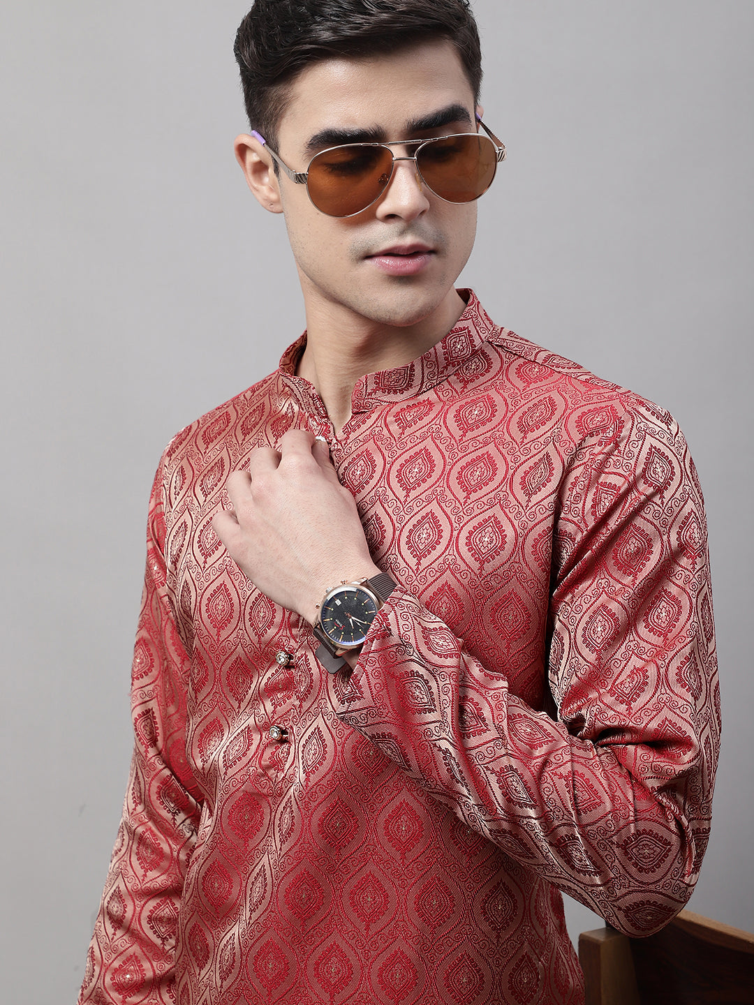 Jompers Men's Ethnic Maroon Woven Design Kurta - Distacart