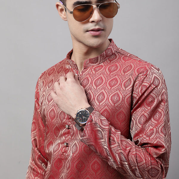 Jompers Men's Ethnic Maroon Woven Design Kurta - Distacart