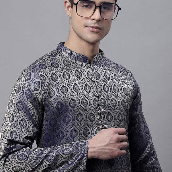 Jompers Men's Ethnic Navy Blue Woven Design Kurta - Distacart