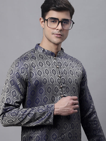 Jompers Men's Ethnic Navy Blue Woven Design Kurta - Distacart