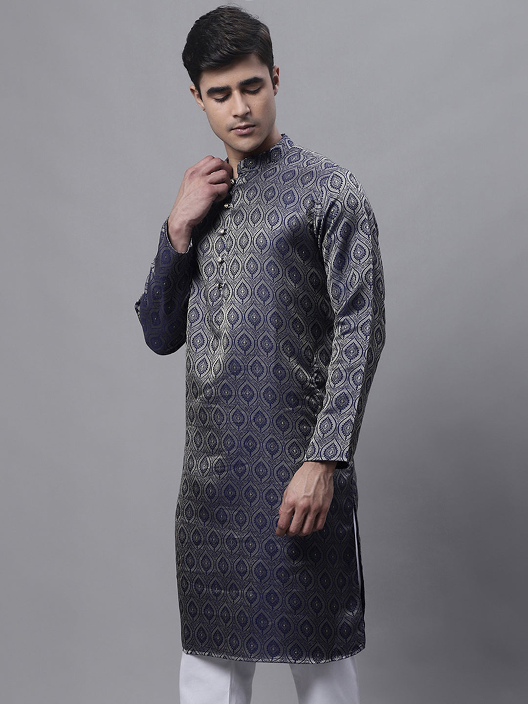 Jompers Men's Ethnic Navy Blue Woven Design Kurta - Distacart