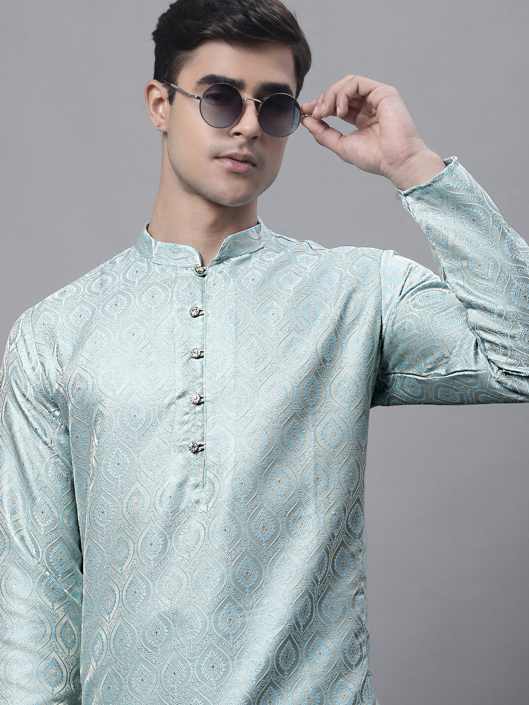 Jompers Men's Ethnic Sky Blue Woven Design Kurta - Distacart