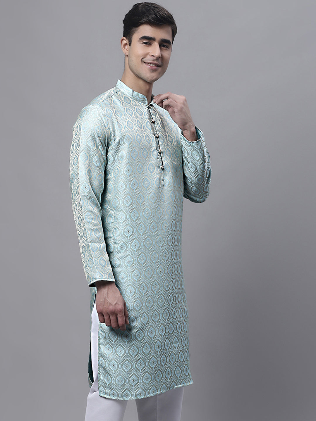 Jompers Men's Ethnic Sky Blue Woven Design Kurta - Distacart