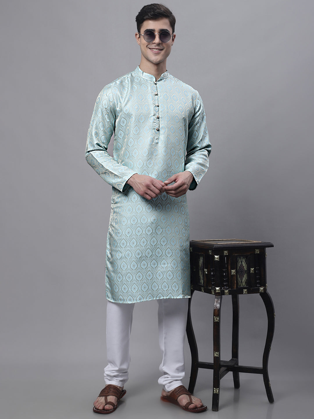 Jompers Men's Ethnic Sky Blue Woven Design Kurta - Distacart