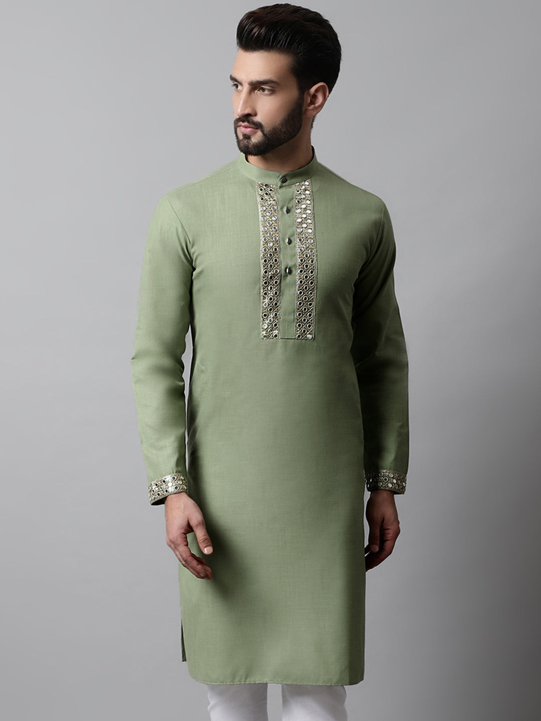 Jompers Men's Pista Green Embroidered Kurta - Distacart