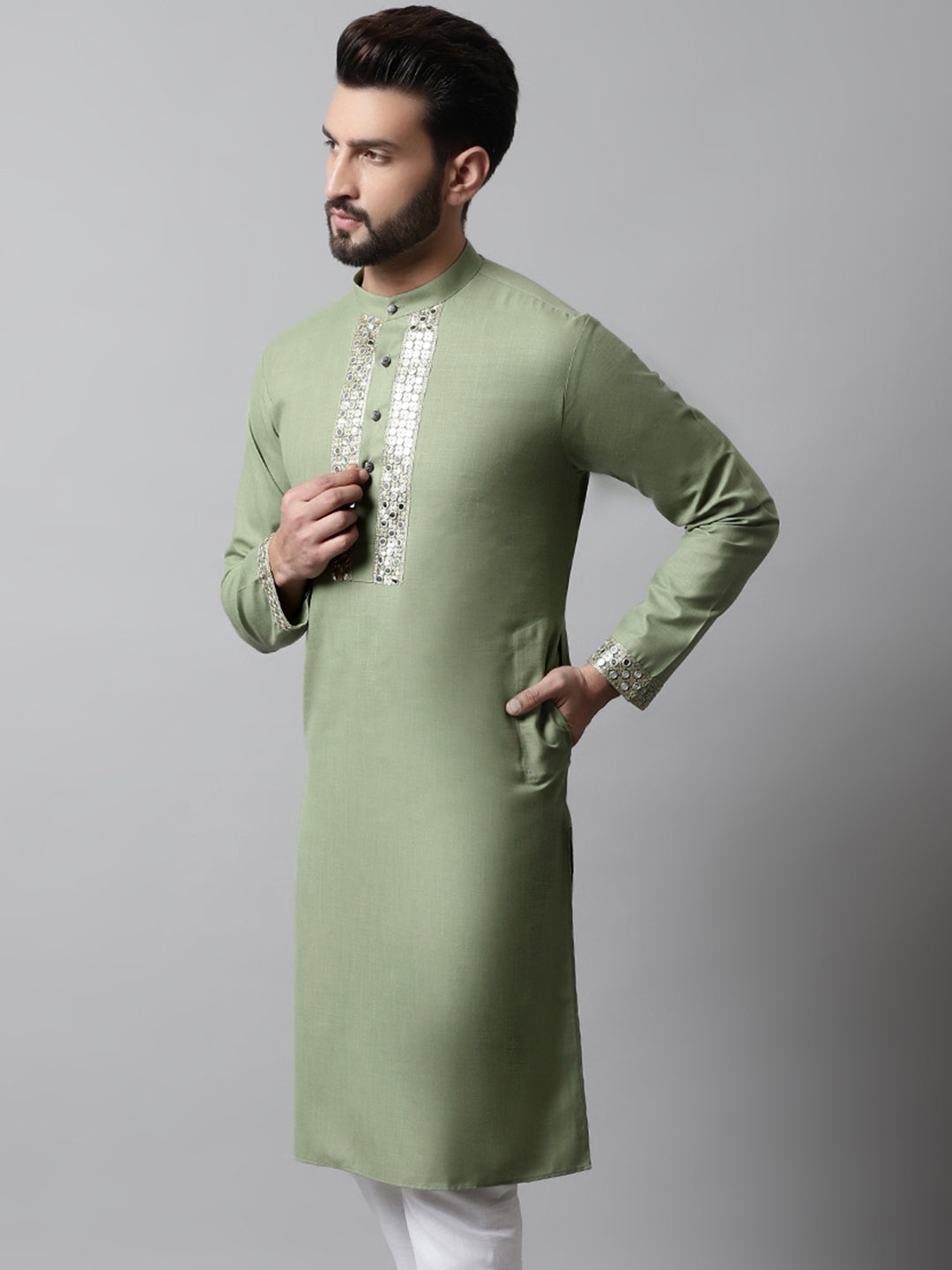 Jompers Men's Pista Green Embroidered Kurta - Distacart
